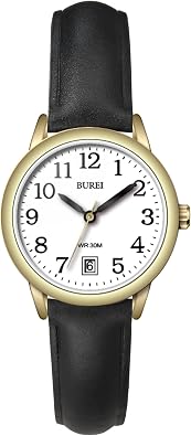 BUREI Womens Black Fashion Leather Strap Watch, Simple Luminous Nurse Watches, Unisex Watch Gold Black, 25mm