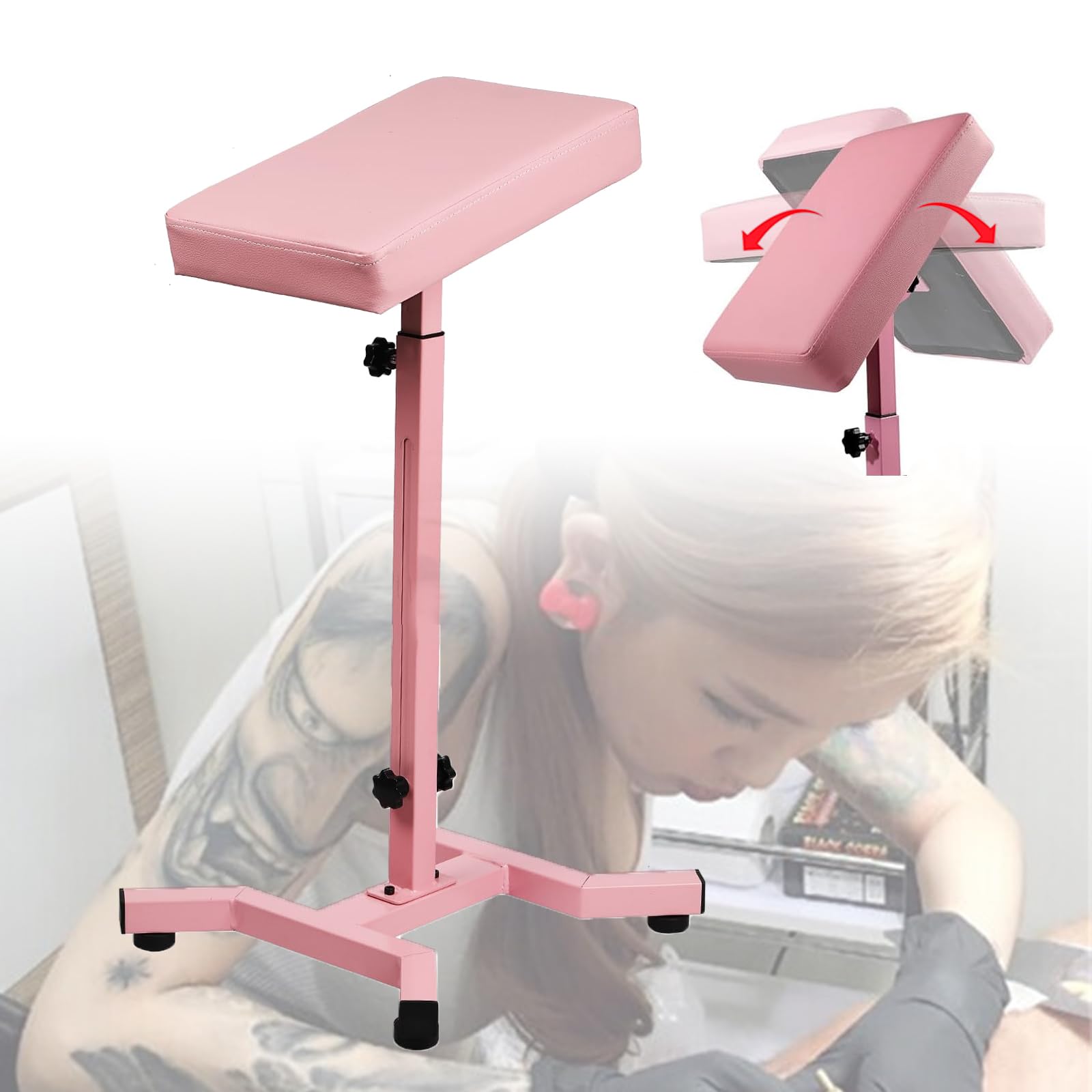 Tattoo Armrest Stand and Legrest with Pink Thicken Tattoo Pad 23 * 35.5 * 6cm, 180° Rotation Adjustable Height Chair Frame Non-Slip Base Square Black Leather for Tattoo Artists …