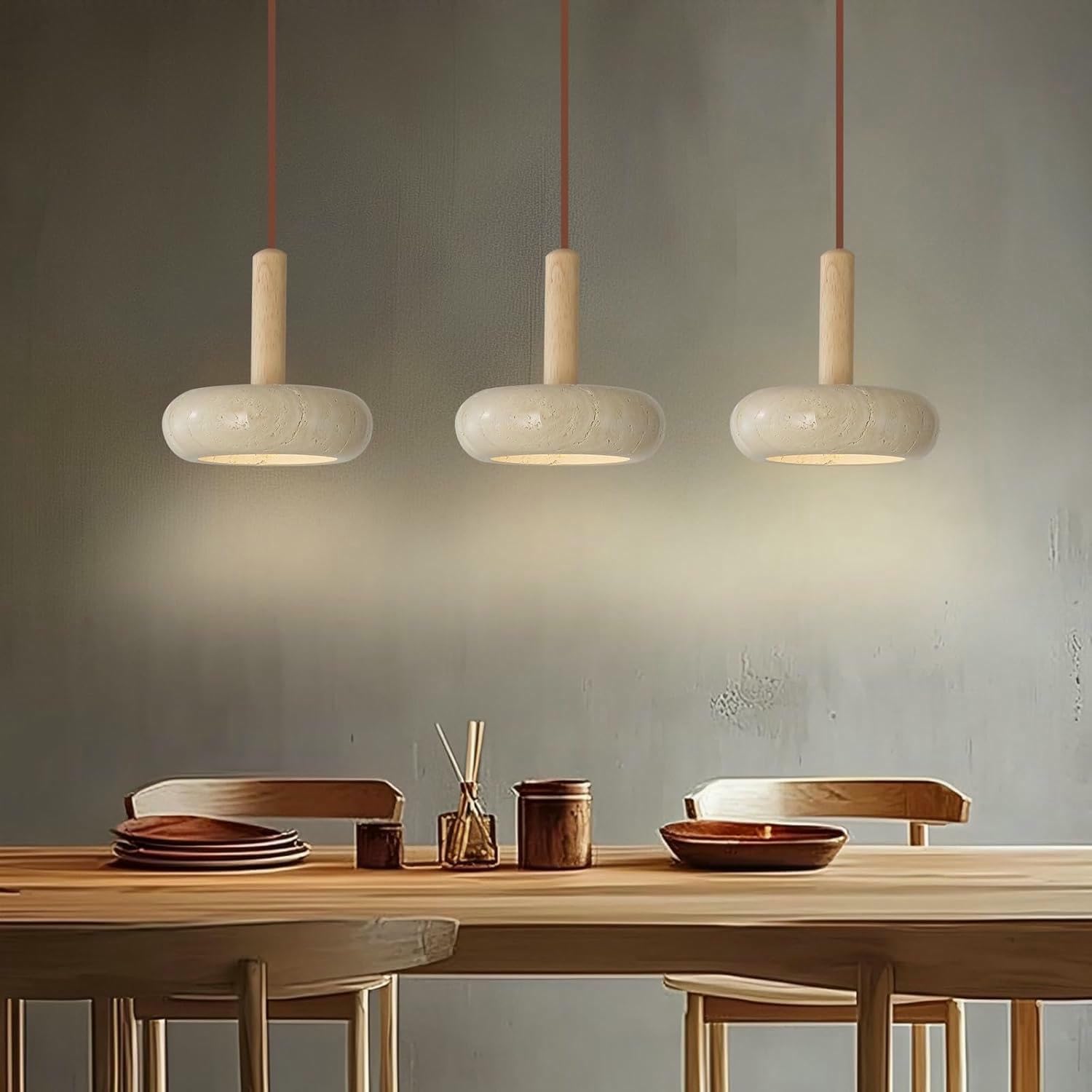 Lámpara colgante estilo japonés Wabi-sabi, redonda, de piedra natural, de madera dormitorio mesita de noche 7W para sala de estar comedor, mesa, lámpara colgante de techo, 2 unidades