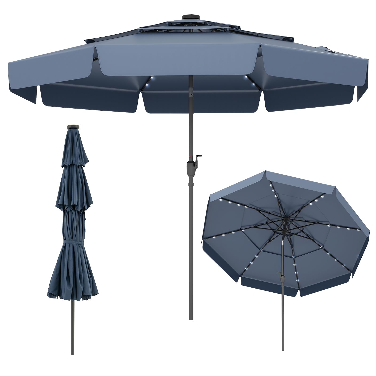 COSTWAY Ombrellone da Giardino 300 cm, 32 Luci Led Solari, con Regolazione Inclinazione, Manovella e 8 Stecche, Anti-UV, Tettuccio Ventilato a 3 Livelli (Blu, 32 Luci)