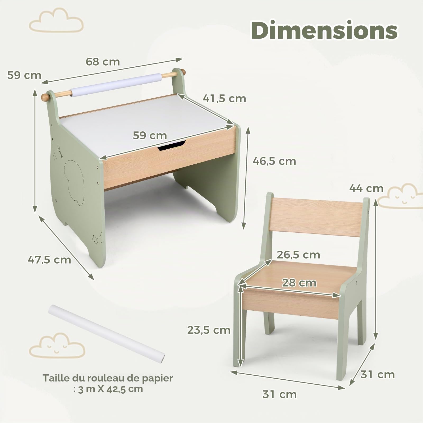 LIFEZEAL Table pour Enfant avec Chaise, Bureau Amovible avec Espace de Rangement, Ensemble de sièges avec Tableau Double Face, Ensemble de chaises pour Jouer, Lire, Peindre, Manger (Vert+Naturel)
