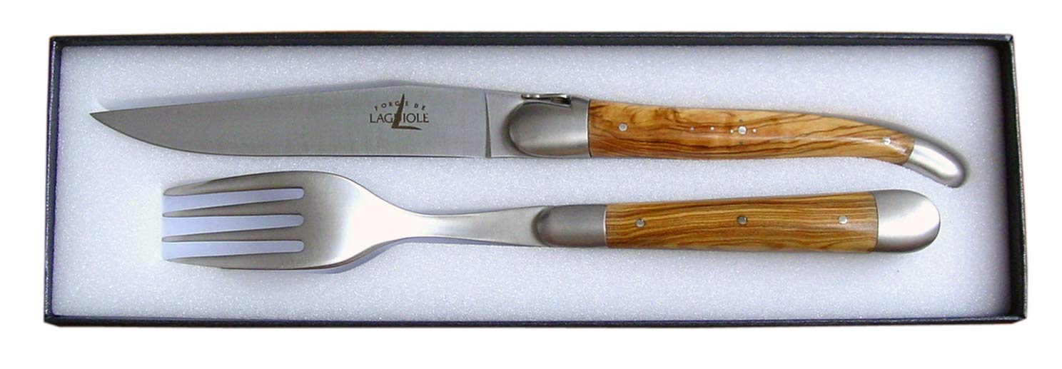 Forge de Laguiole Besteck (Messer -Essgabel) | 2 Mitres - Olivenholz - Finish Matt