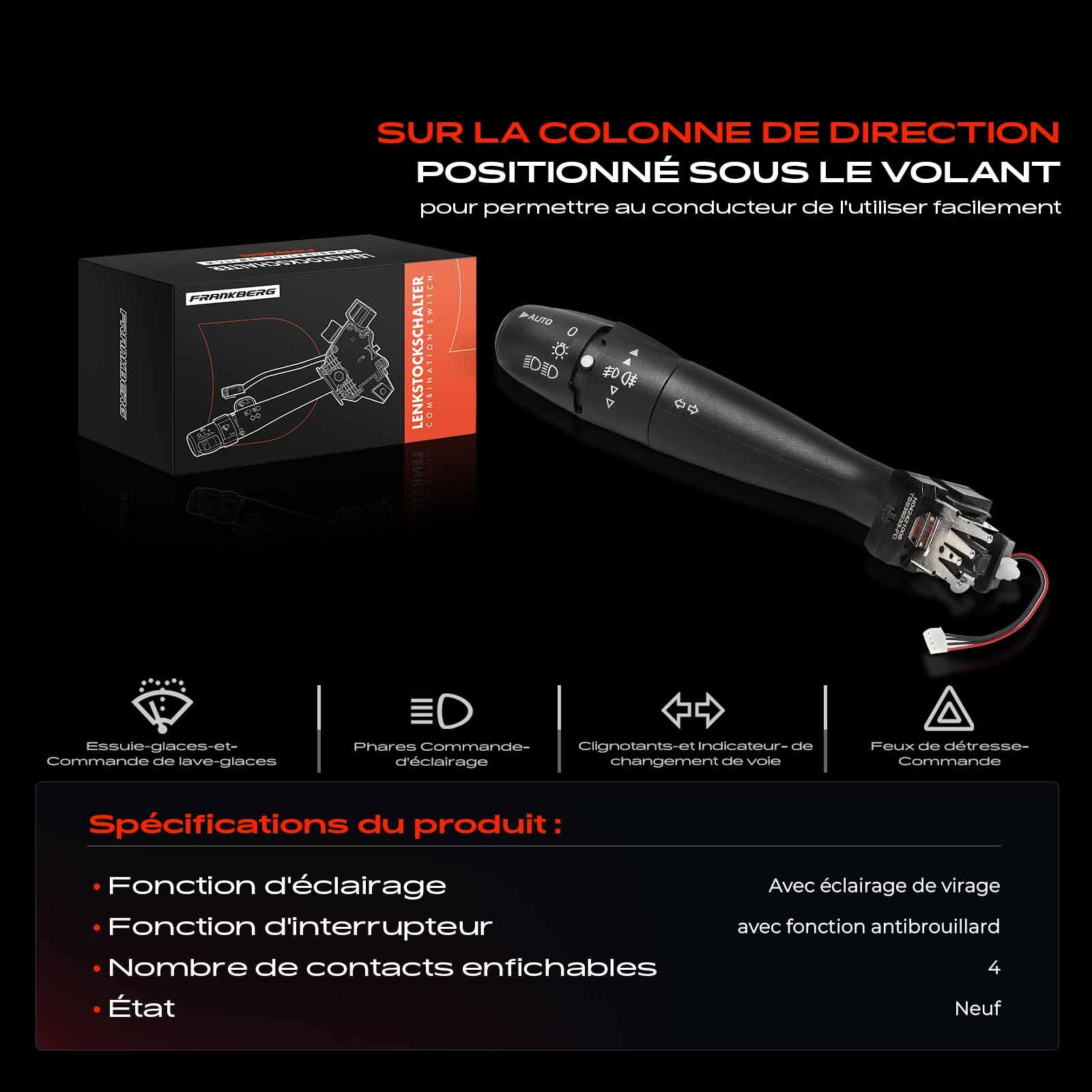 Frankberg Commutateur combiné, commutateur de colonne de direction, 4 | 96530930XT; Compatible avec: Plateau/châssis Partner 5 G, Xsara N1, 406 Pause 8E/F, C5 Je casse DE, Fourgonnette 206