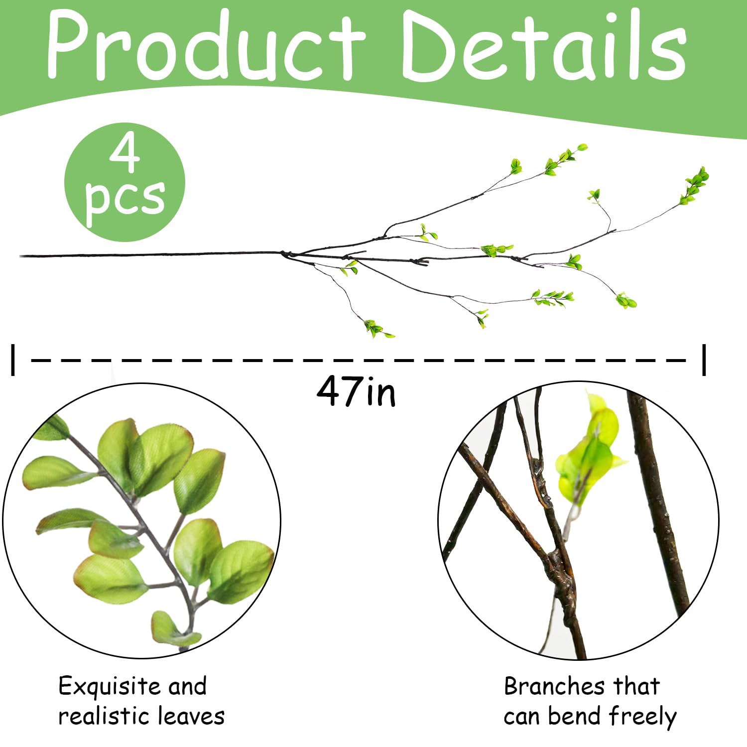 Tinsow 4 künstliche Ficus-Zweige, 119 cm hoch, künstlicher Eukalyptus-Stiel, realistisches künstliches Grün für Vasenfüller, Tafelaufsätze und Heimdekoration, lebensechte Blätter und Stiele für