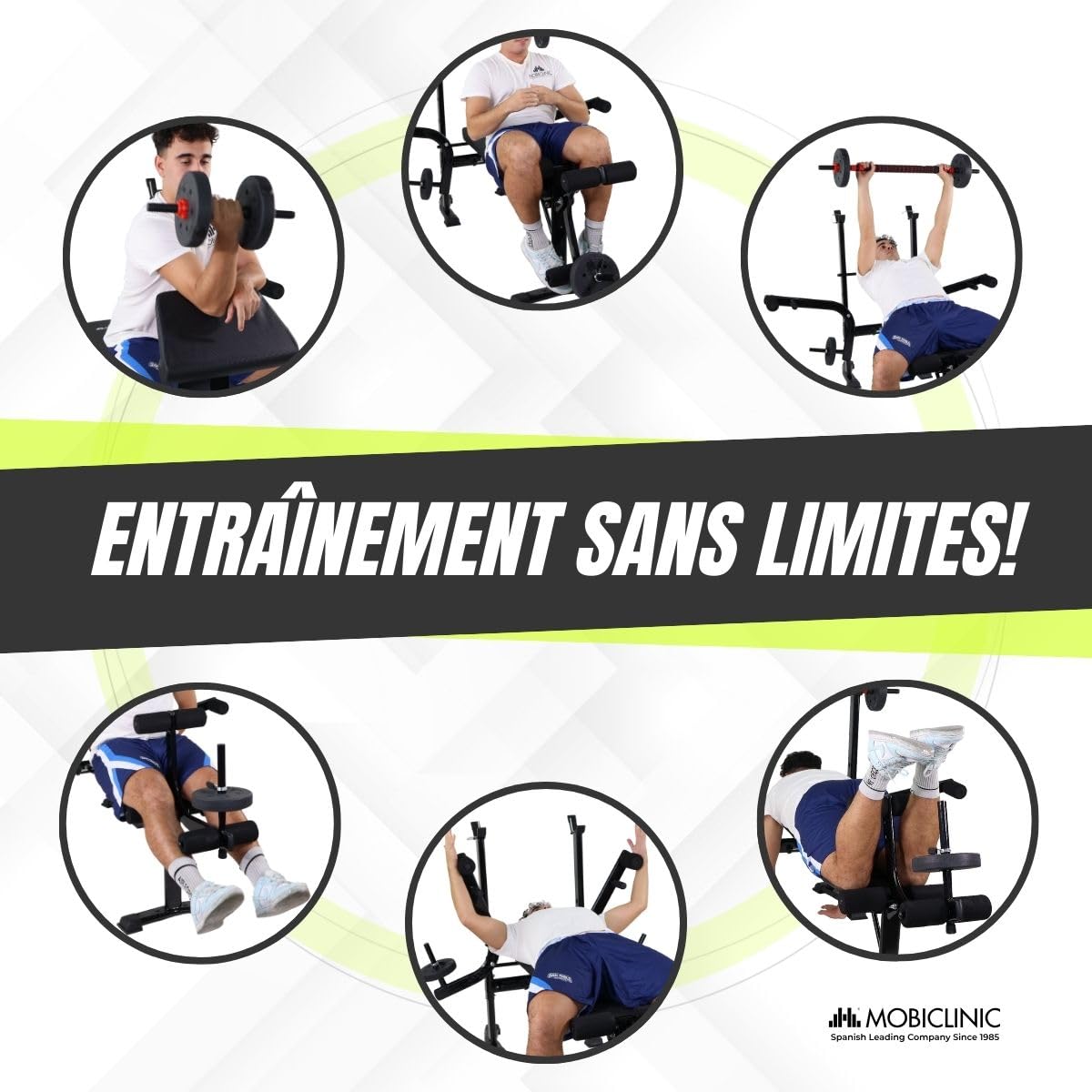 Mobiclinic® fitness, Banc de musculation, Multifonctionnel, Pressfit, Ajustable, Pliable, Acier, Supporte jusqu'à 250 kg, Support pour barres, Idéal les exercices force à la maison