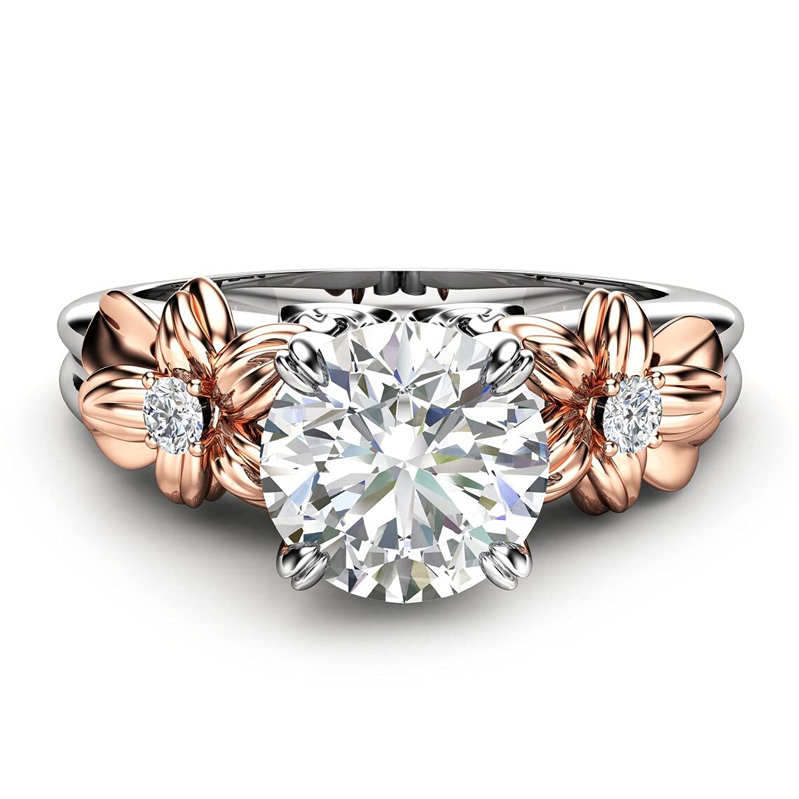 2.20 CT Round Cut White Diamonds Flower Design Three Stone Two Tone Anniversary Ring for Women in 925 Sterling Silver 14K White Gold Finish Rhodium Plated