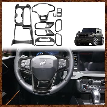 Muslogy for Ford Bronco Set of 9 Interior Modification Accessories Covers,Gear Shift Panel Trim,Inner Door Handle Bowl Cover,Steering Wheel Cover Compatible with Bronco 2021-2024Carbon Fiber