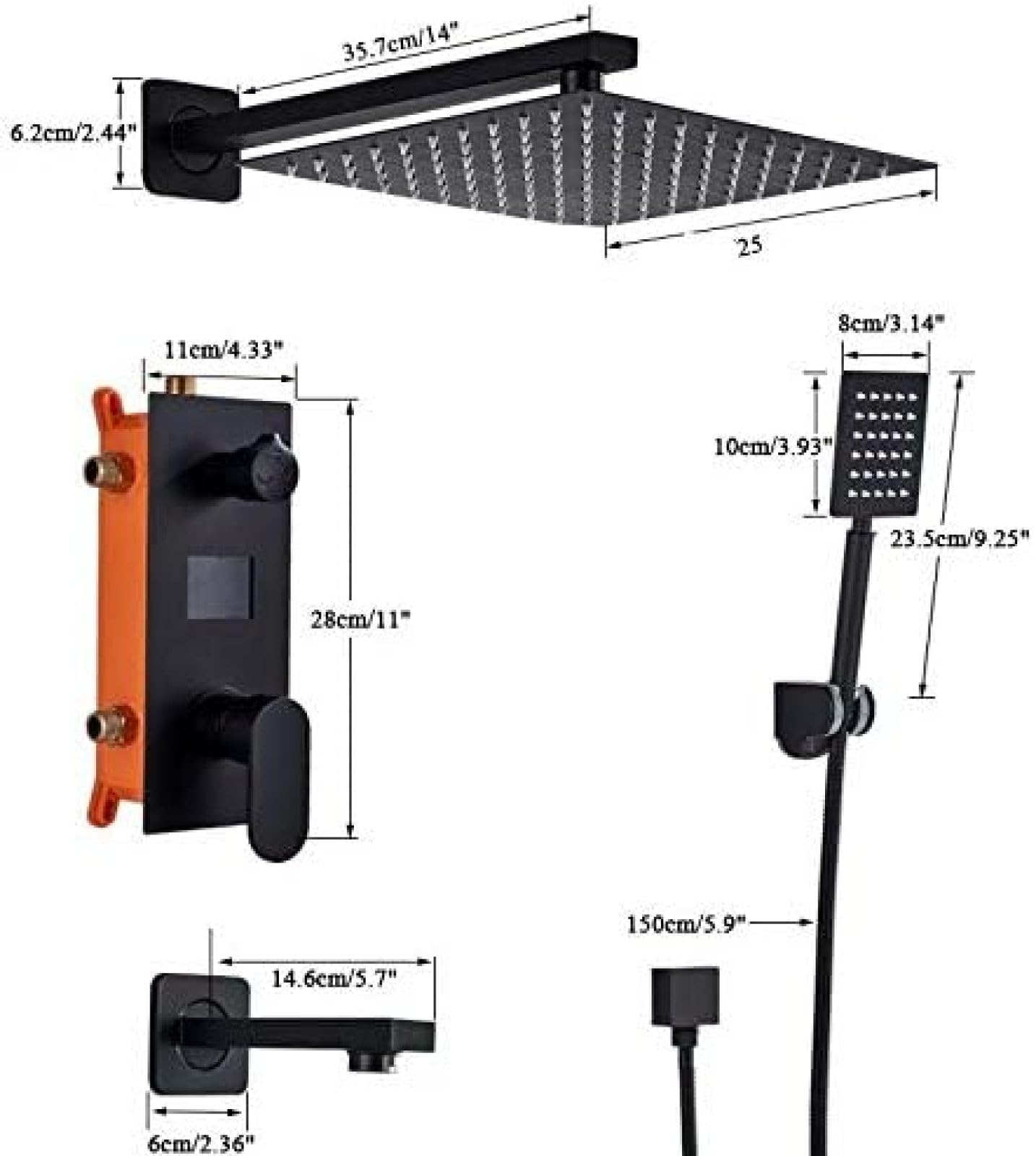 Rubinetto per Doccia da Bagno da 10 Pollici Rubinetti per Doccia digitali Nero Opaco a 3 funzioni Set Soffione Doccia a Pioggia Set Doccia con Interruttore a 3 Vie Miscelatore