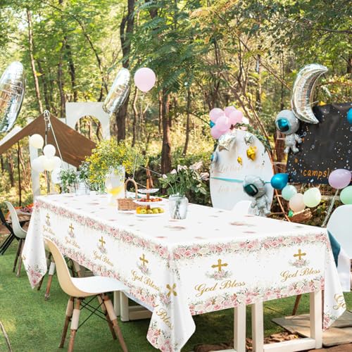 Image of MEHOFOND 3 Pack God Bless Tablecloths, 108 x 54 Inch Pink Flowers Baptism Disposable Table Cloths, Christening Plastic Table Cover, Bautizo Communion Holy Party Decorations for Girls Church