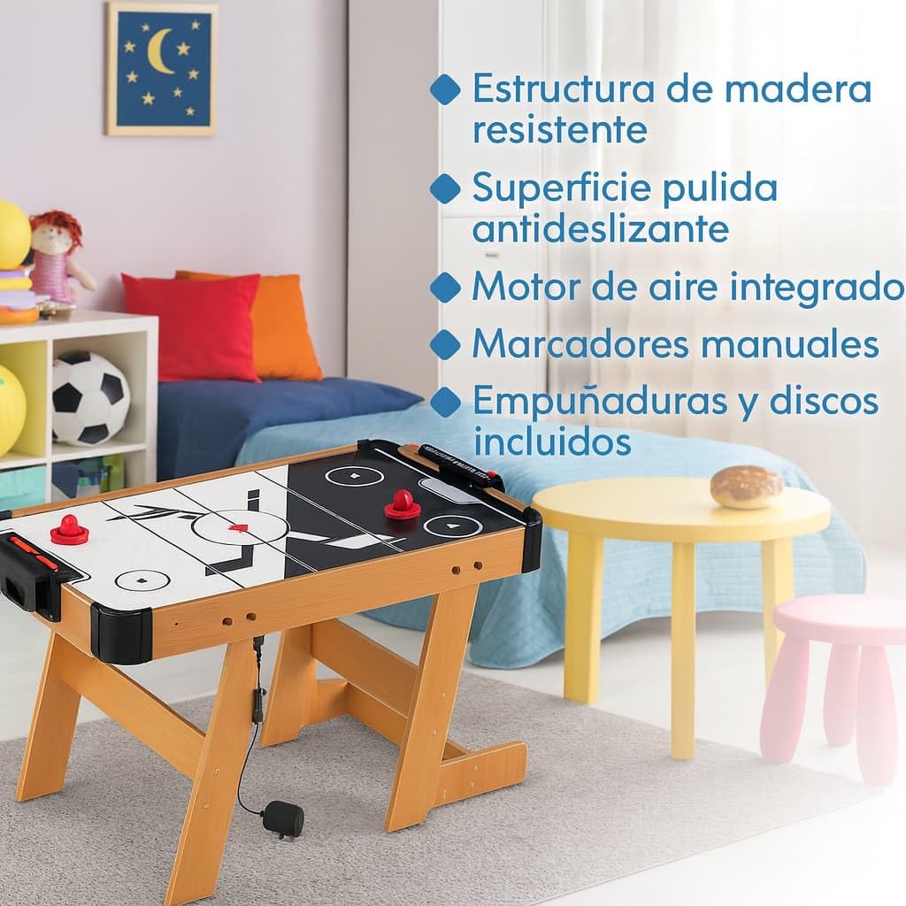 Juego de Air Hockey de Mesa Eléctrico - con Discos y 2 Marcadores Manuales - Juego Arcade para 2 Jugadores +3 años - Estructura Resistente de Madera - Mesa de Aire para Niños y Adultos