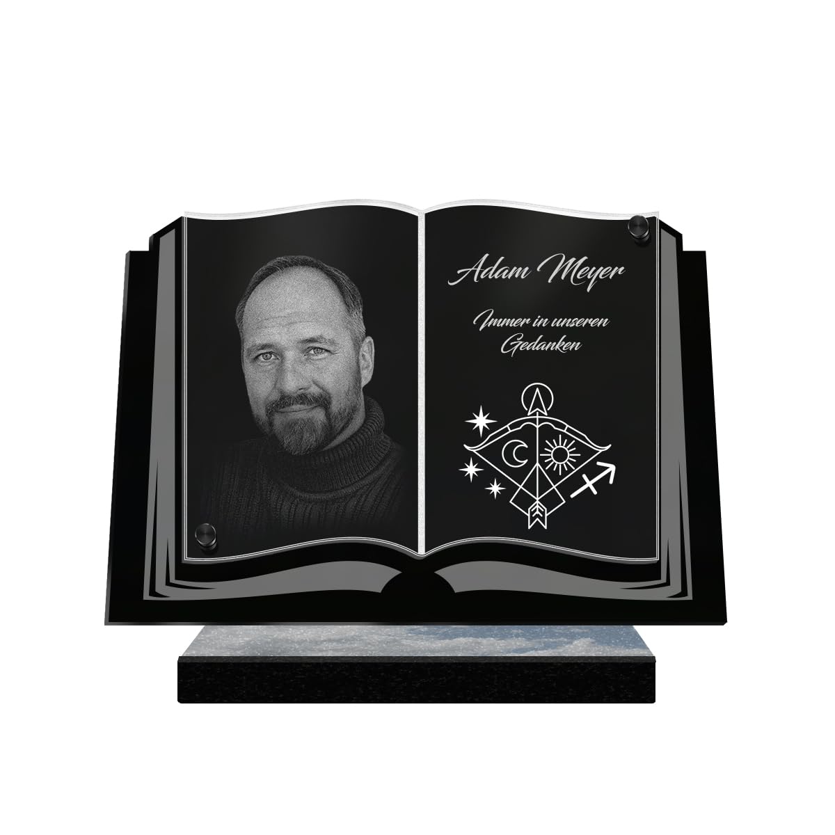 ETERNEL - Personalisierte Grabplatte Buch Astro Schütze Foto und Text anpassbar, lasergravierte Grabplatte für Hommage, Grabplatte, Grabstein, Zeremonie, Beerdigung