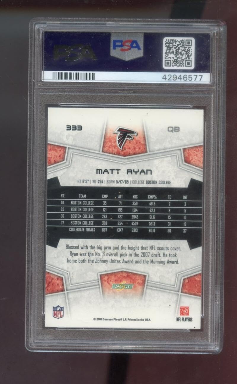 2008 Donruss Playoff Score #333 Matt Ryan ROOKIE RC PSA 9 Graded Football Card NFL Atlanta Falcons