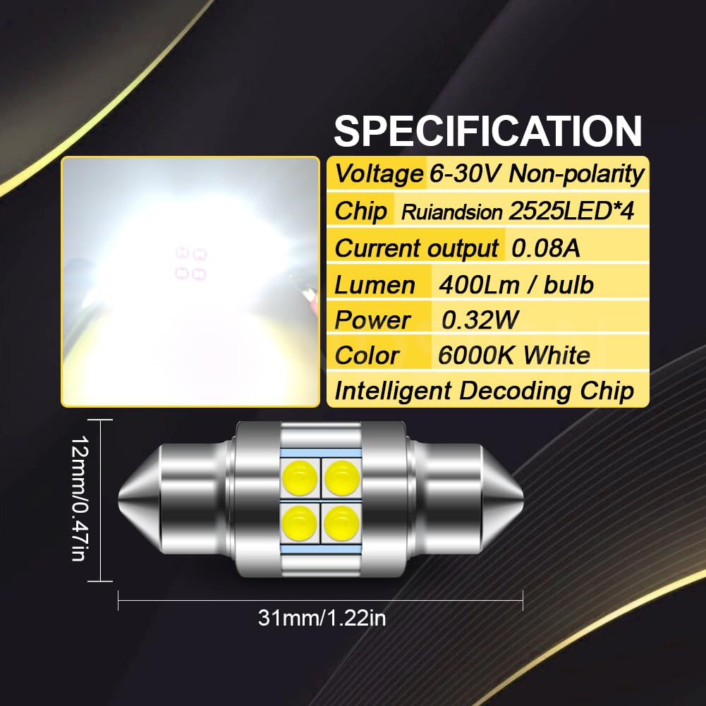 10 szt. LED Ruiandsion 31mm 6-30V Canbus 400lm 6000K biała | Szerokie napięcie 6–30V, bez polarności, dekoder Canbus bez błędów do wnętrza auta