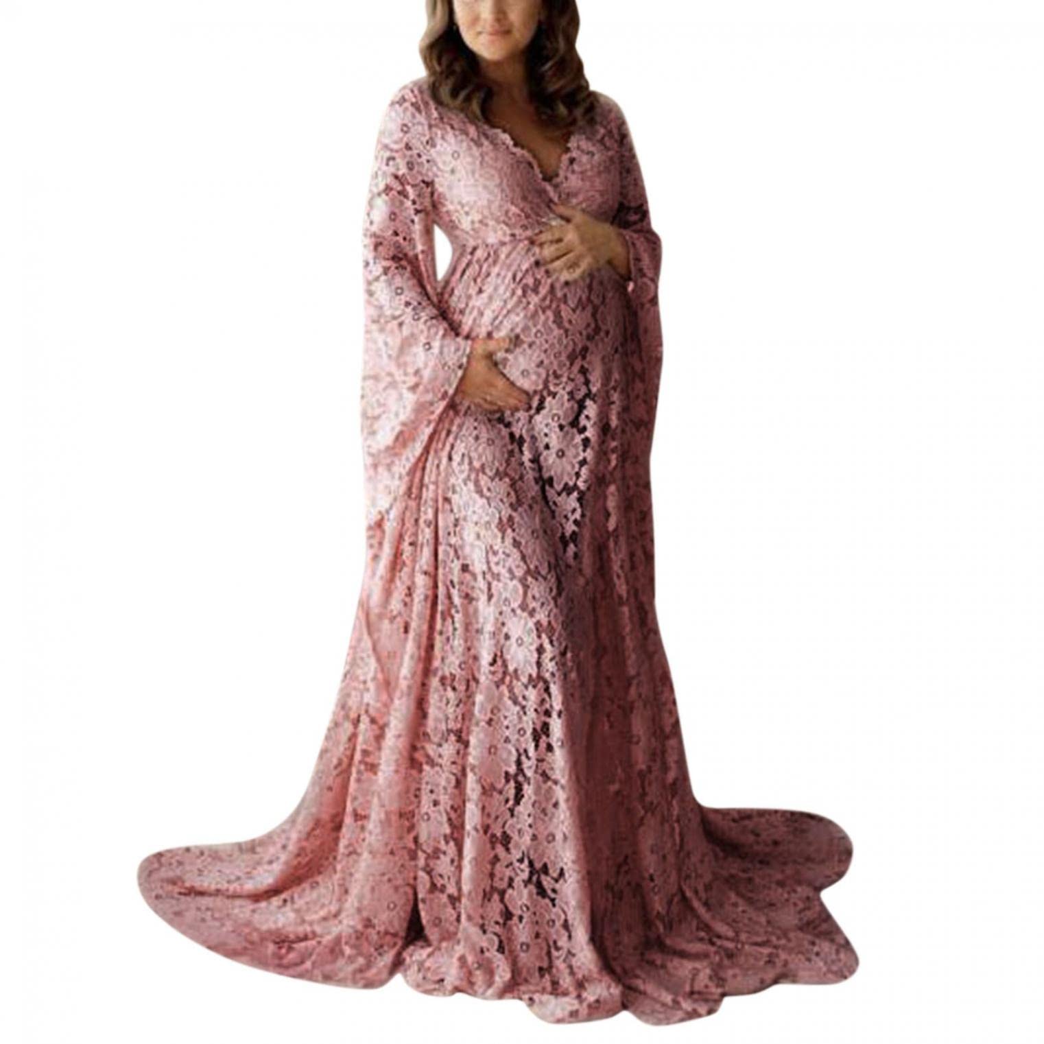Schwangerschaftskleid Shooting Foto V-Ausschnitt Ausgestellte Ärmel Spitze Transparent Schwangerschaftskleid Boho Maxi Schwanz-Kleid mit geteiltem Schwanz lockerer Größe