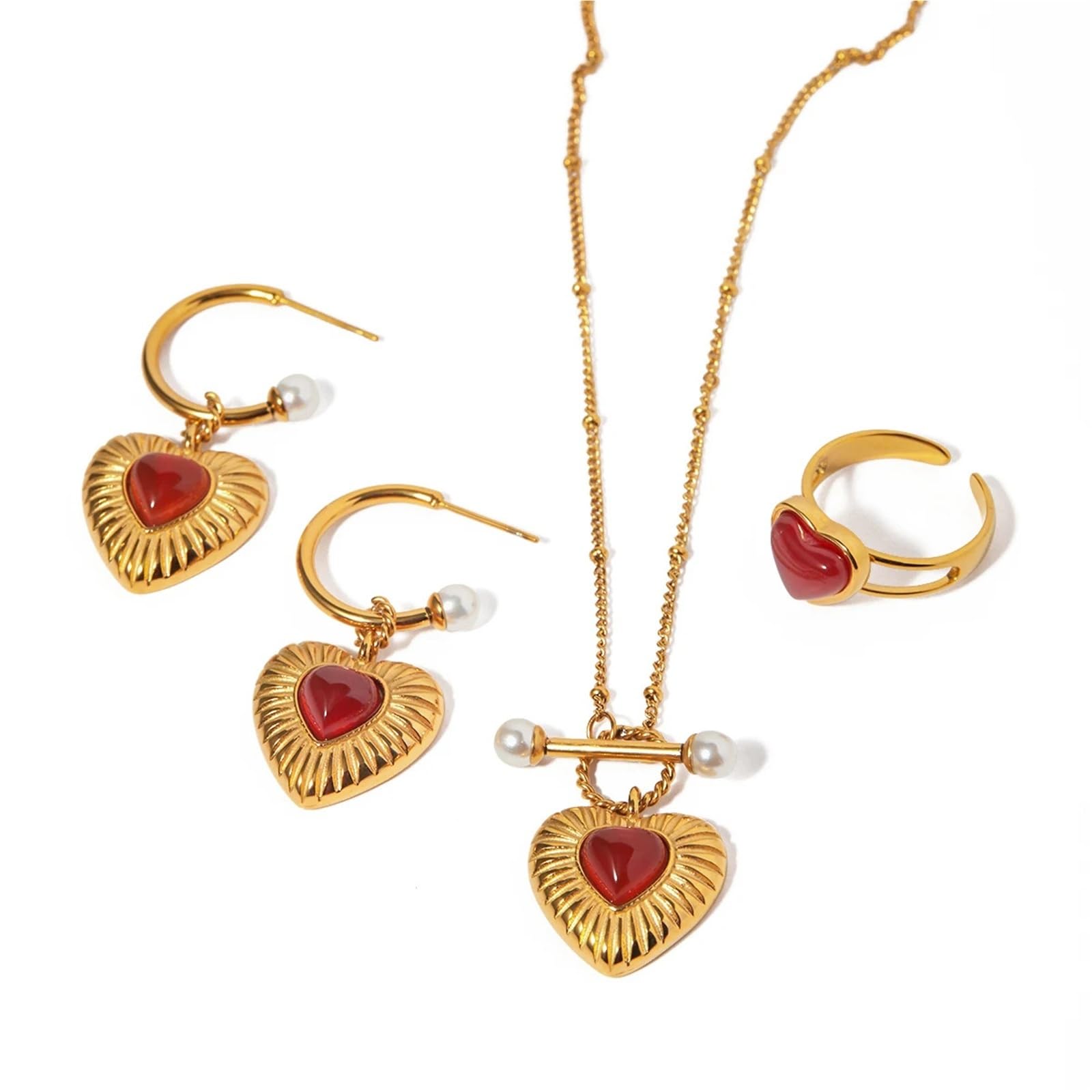Bijoux cœur agate rouge en acier : parure collier, bague et boucles