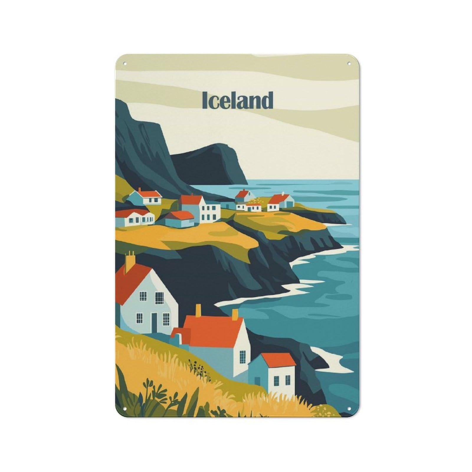 Junmoney Style-10 Retro Metal Wall Plaque 30X20cm Featuring Iceland Coastal Village, Room Wall Plaque For Hallway, Home Bar, Garage Or Study