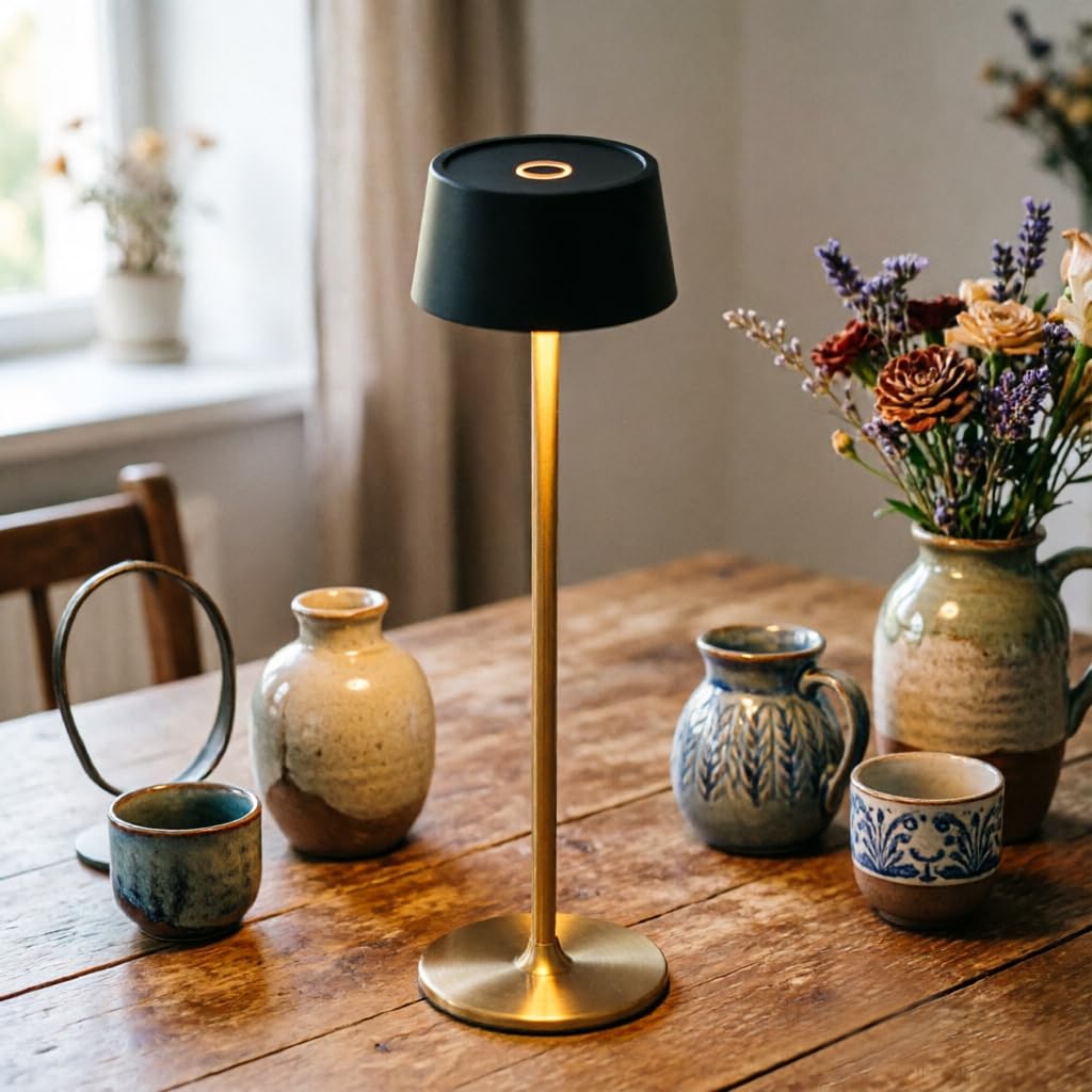 DAWALIGHT Lampada da Tavolo Senza Fili LED 4000mAh Incorporati Luce Dimmerabile Comodino Ricaricabile 2700K con Tocca Controllo per Sala da Pranzo Camera da Letto Ristoranti, Nero + Oro