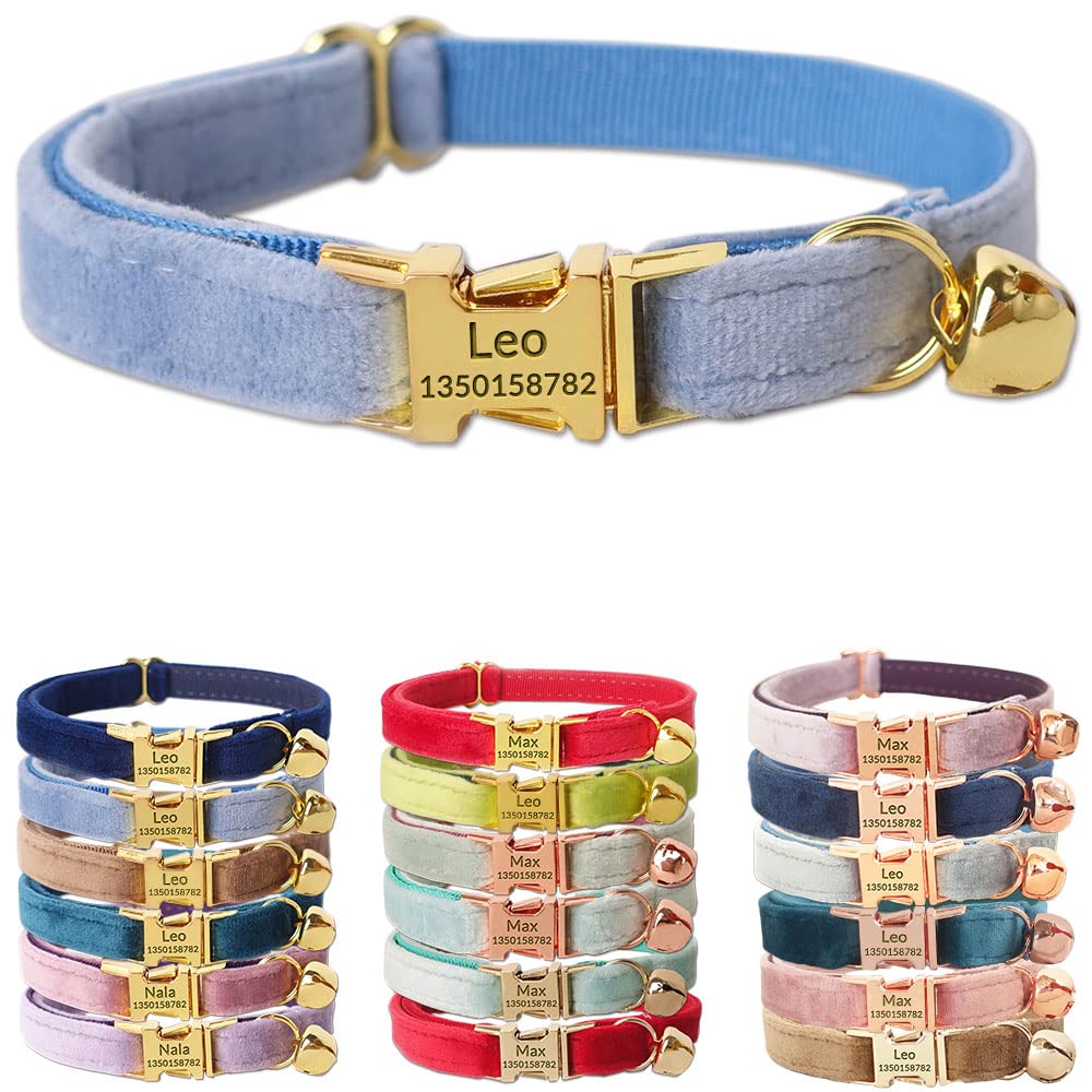 PETDURO Personalized Velvet Cat Collar Sky Blue with Bell - Engraved Bright Gold Metal Buckle with Name & Phone ID - Fancy, Soft, Adjustable for Boy