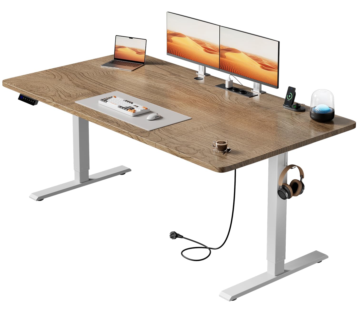 HLFURNIEU Escritorio Elevable Electrico, 160 x 80 cm, Mesa Regulable en Altura, con Enchufes, Puertos USB, 3 Control de Memoria, Color de La Madera