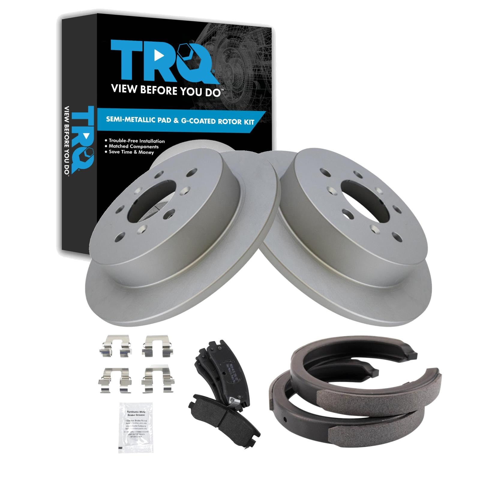 TRQ Rear Brake Pad and Rotor Set Semi Metallic G Coated Rotors Parking Shoe Compatible with 2009 Buick LaCrosse 2006-2010 Chevrolet Impala 2006-2007 Monte Carlo