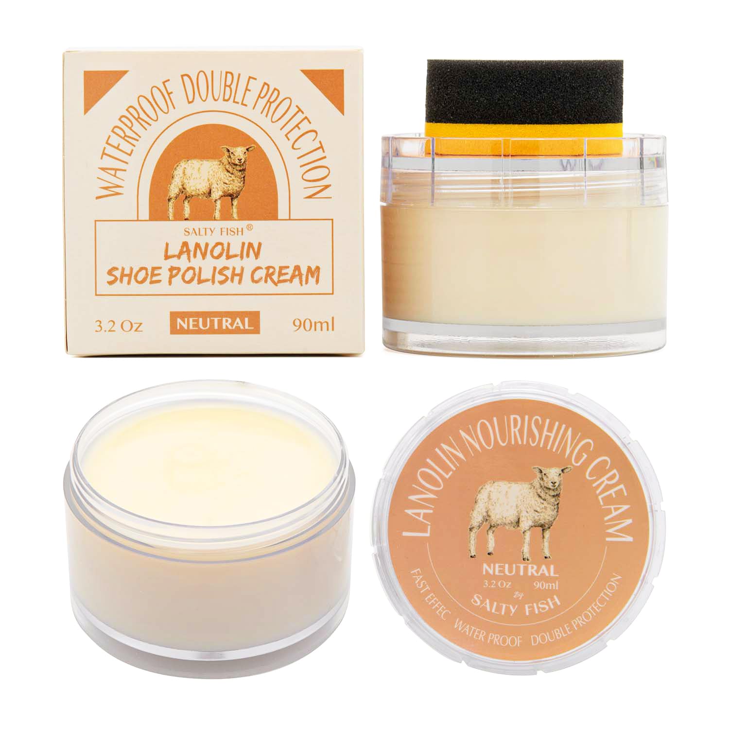 SALTY FISHShoe Polish Cream 3.2Oz, Lanolin Shoe Polish Kit with Shoe Shine Sponge, Condition Waterproof Restore Shoe Boot