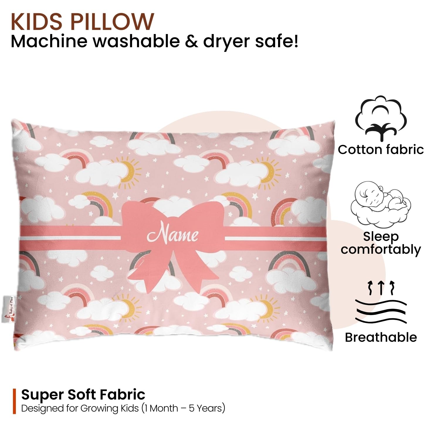 Baby of Mine Personalized Pillow for Kids – Custom Name, Super Soft Cotton Kids Cushion for Infants & Toddlers, 1 Month to 5 Year Olds, Keeps Head & Neck Comfortable, Adorable Prints (Pillow 13) 3