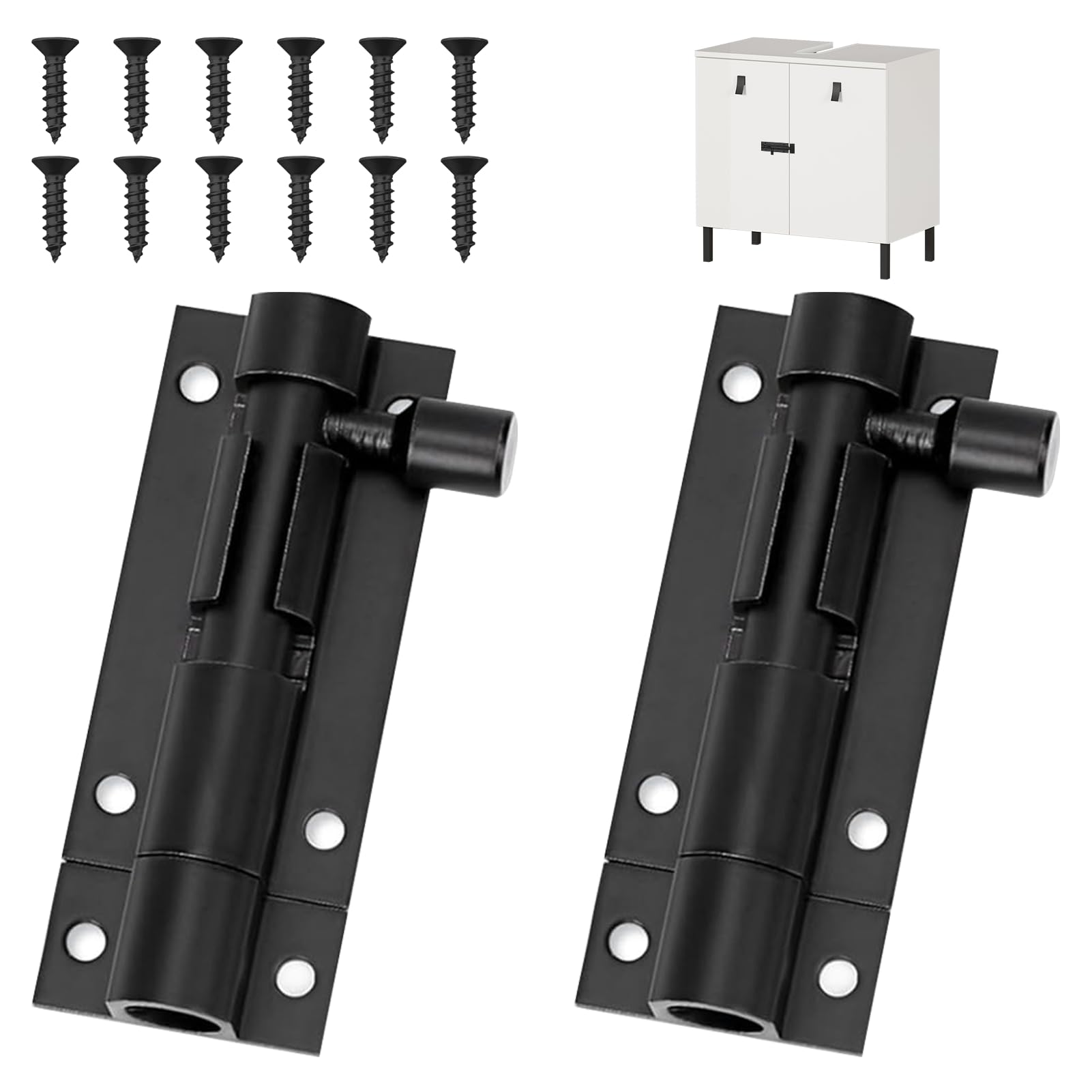 2 Pack Gate Bolts for Wooden Gates 88mm (3.5") Door Bolts for Internal Doors Small Bolt for Doors Black Slide Bolt with Screws