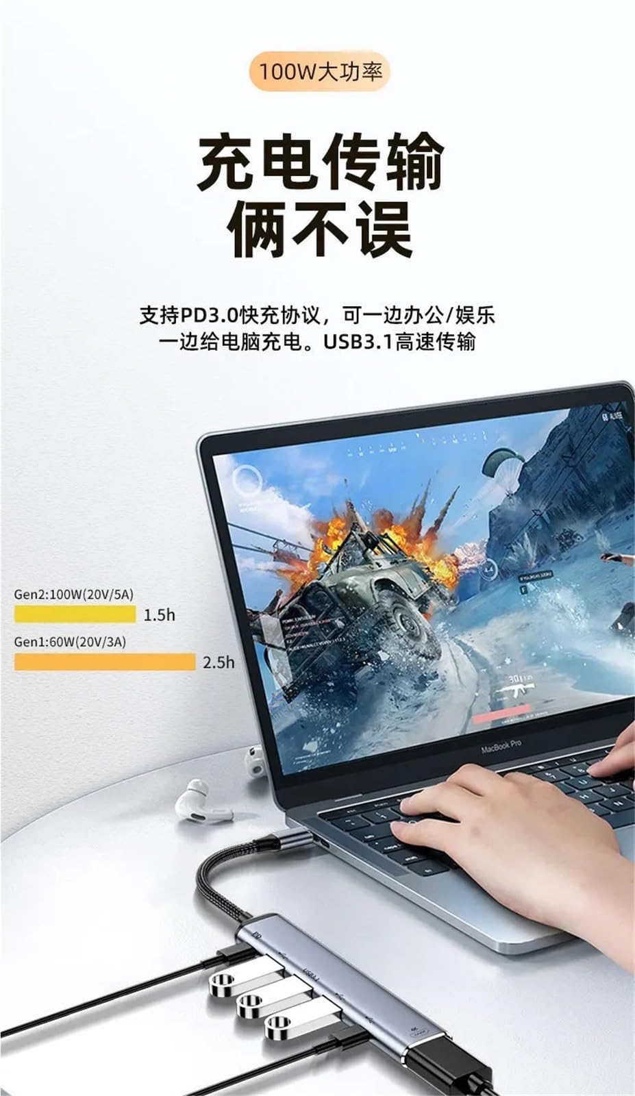 Rozdzielacz USB typu C na VGA DP 4K, kompatybilna z HDMI, adapter do laptopa z PD100W Gen2 RJ45 (B 6 w 1)