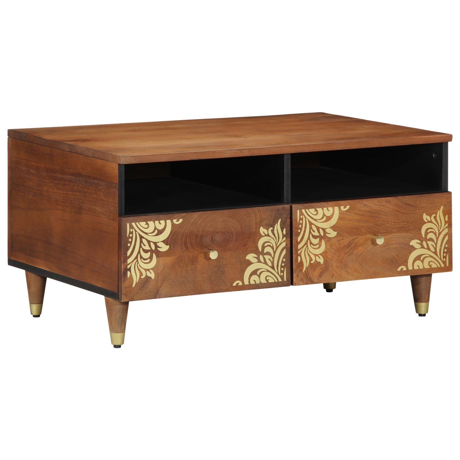 Mesa de centro de madera maciza de mango, 80 x 54 x 40 cm, con tres cajones, diseño moderno, con incrustaciones de flores, superficie marrón miel para salón, almacenamiento y estabilidad