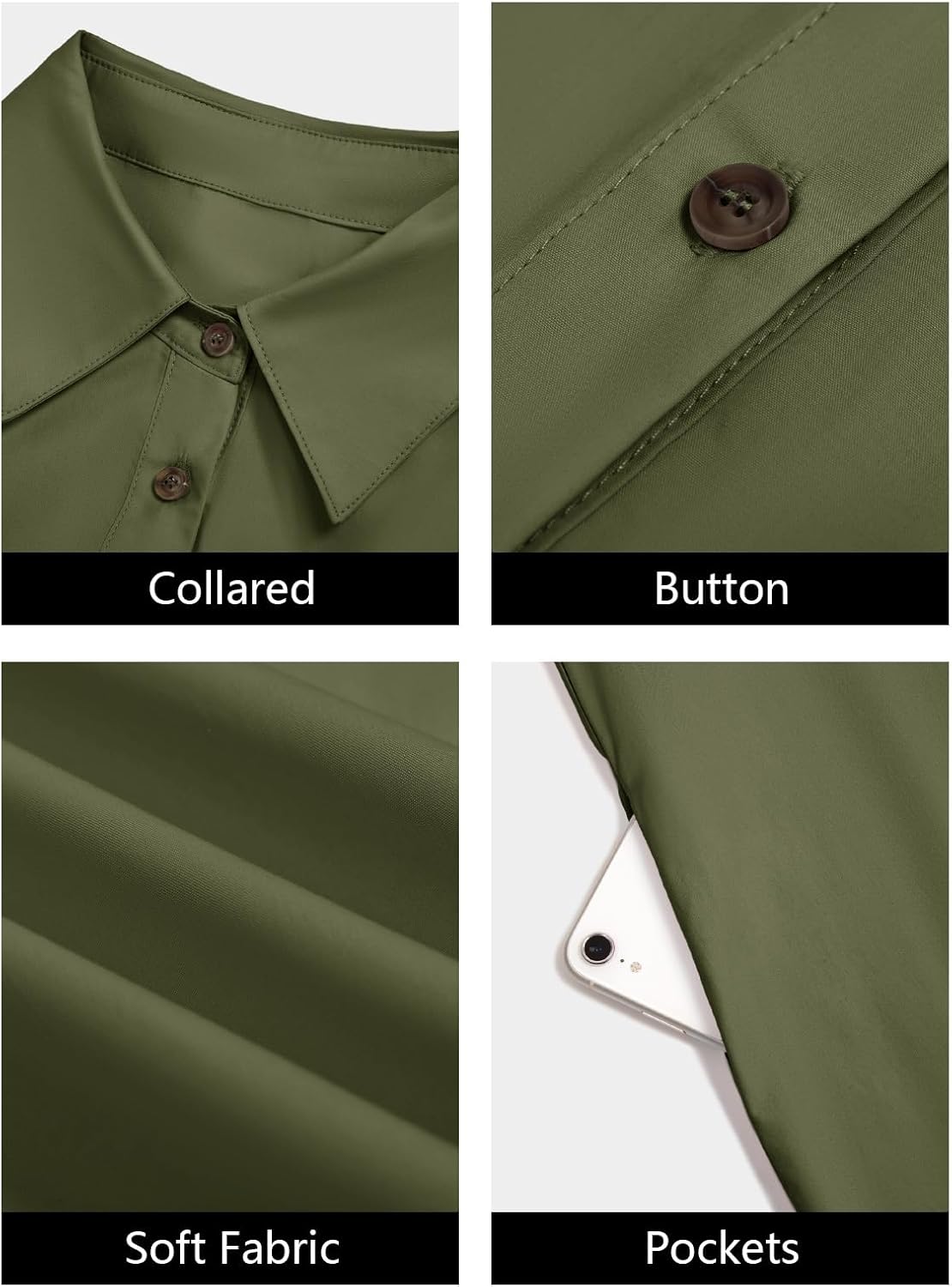 Wenrine Womens Button Down Shirt Dress Oversized Casual Short Sleeve Collared V Neck Summer Mini Dresses Army Green - Image 6