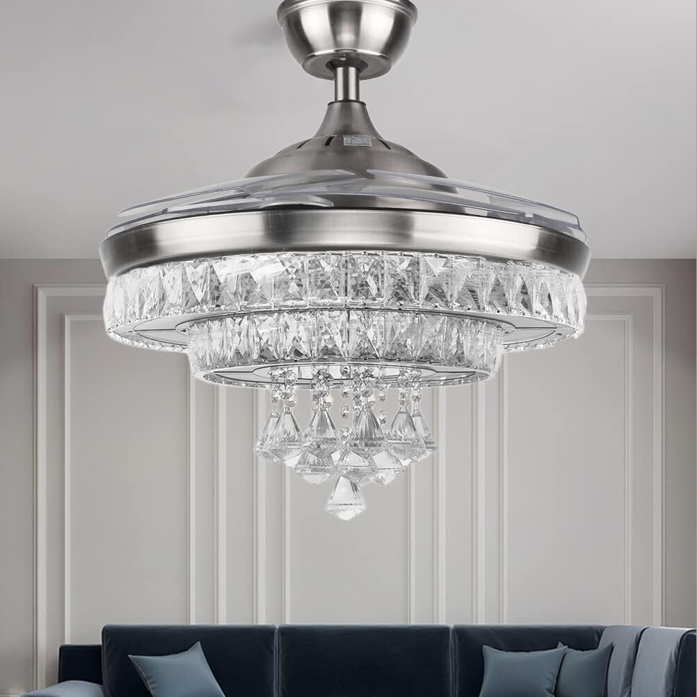 Fandian 42" Crystal Ceiling Fans Chandelier with Lights and Remote Control Retractable Blades,3 Color Changes, 3 Speeds, Ceiling Fixture for Home Decoration Living Room Bedroom