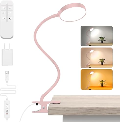 Luz de lectura con control remoto, lámpara de escritorio LED con clip temporizador de 1 hora y luz nocturna RA95 regulable cuello de cisne flexible,