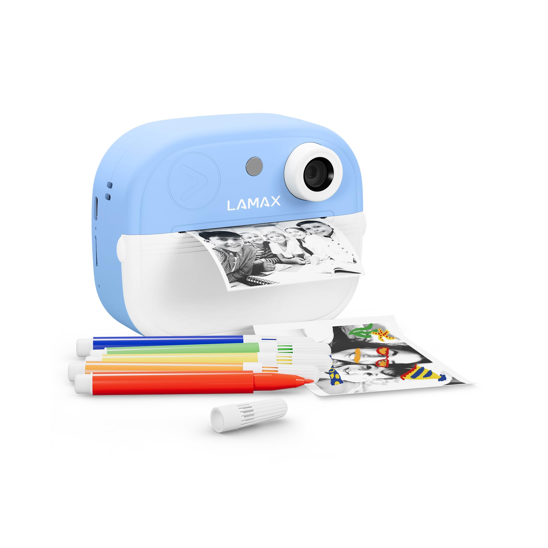 LAMAX InstaKid2 Play Blue Kinderkamera Digitalkamera mit Thermodruck ohne Tinte USB-C 2 Rolle Thermopapier