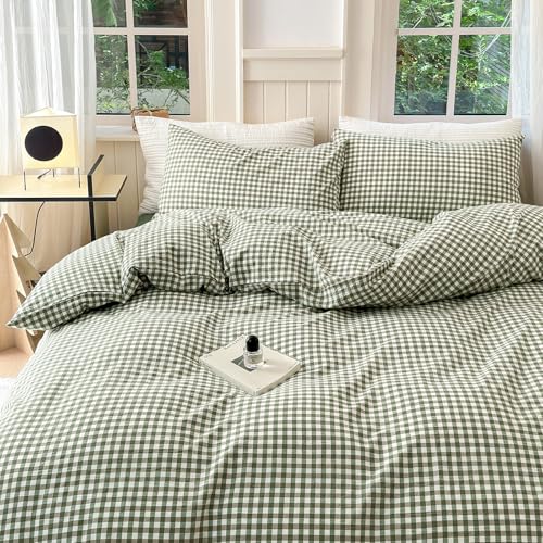 Image of LifeTB Green Gingham Comforter Set Full Size Boho Plaid Checkered Pattern Comforter Geometric Grid Plaid Printed Bedding Comforter Set with 2 Pillowcases Fluffy Soft Gingham Bedding Set Full Size