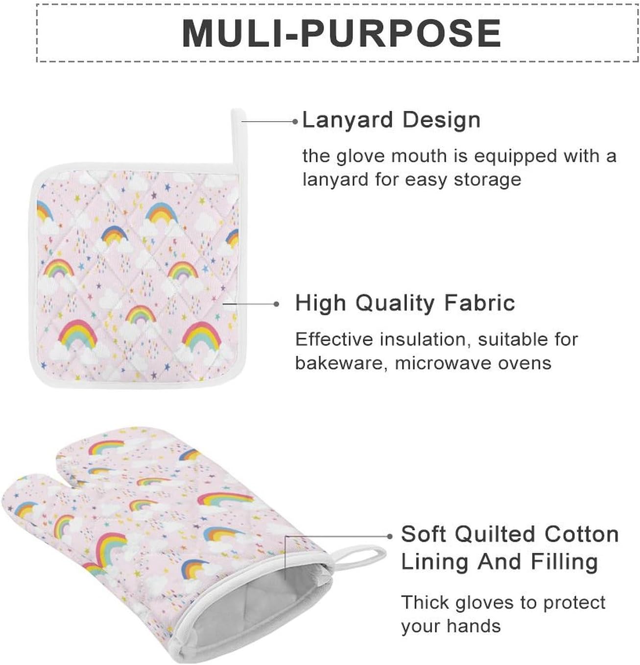 Cute Boys & Girls Room Rainbow Oven Mitts and Pot Holders 4 Pink Art Cartoon Colorful Rainbow Clouds Piece Setven Mitts and Potholders Cooking Gloves Suitable Kitchen Baking