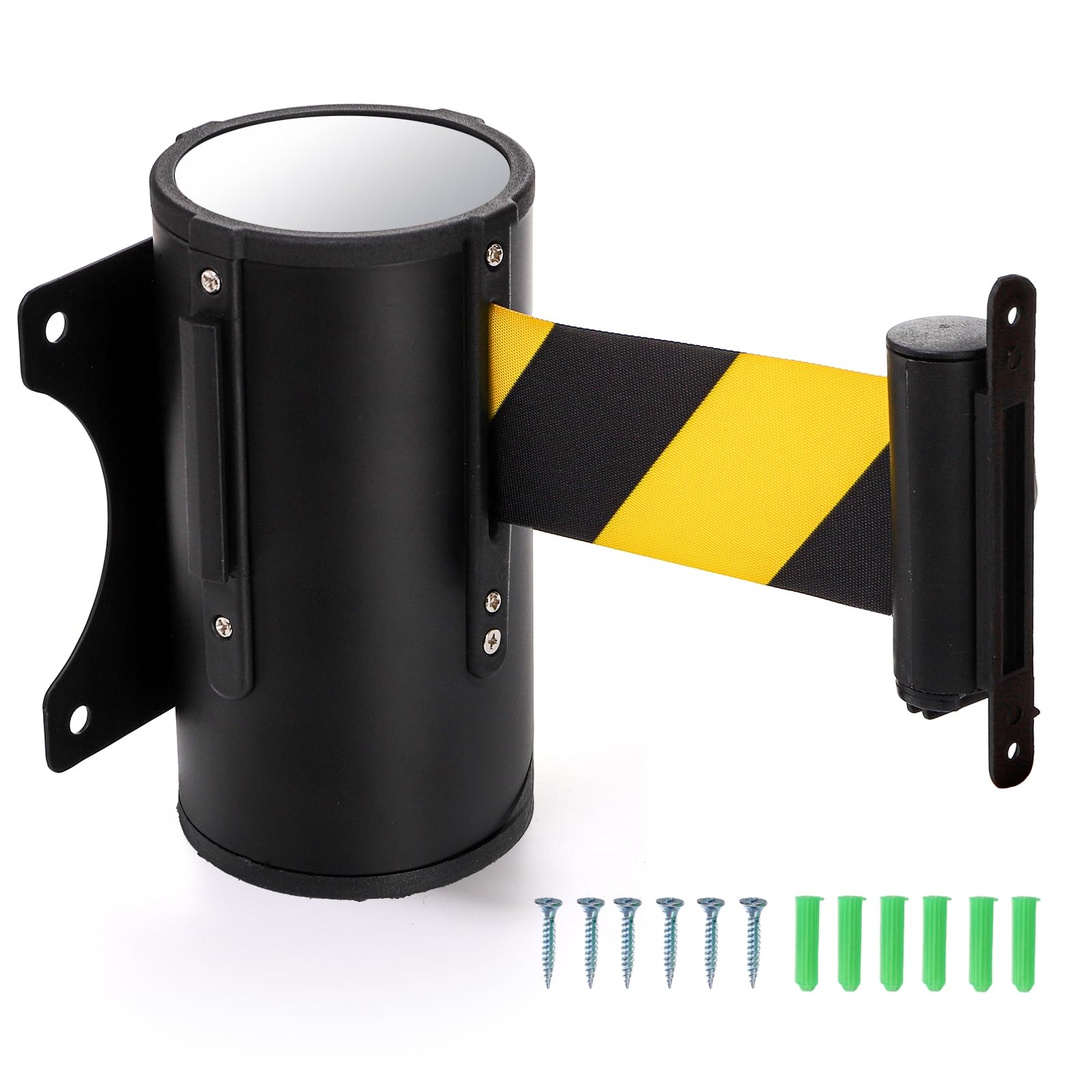 Nagpew Wall Mount Retractable Belt, 16 Ft Crowd Control Wall Barrier with Steel Case, Black Yellow Caution Flood Traffic Belt Rope Diagonal Stripe for