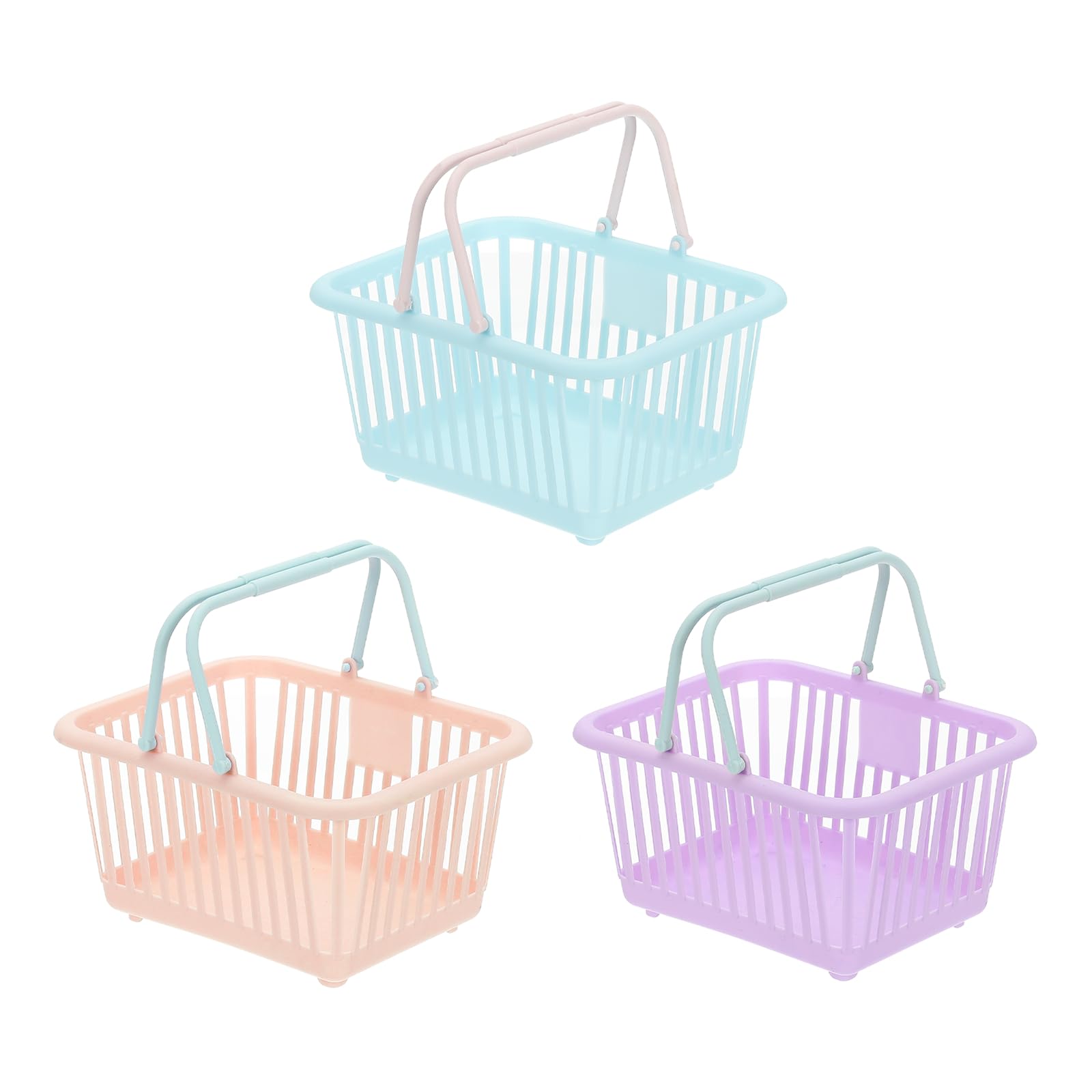 PATIKIL 3PCS Mini Shopping Basket, Small Plastic Basket Mini Storage Basket Grocery Tiny with Handles Organizer Filtered Water for Organizing Toys Eggs Fruits Snacks, Blue Pink Purple
