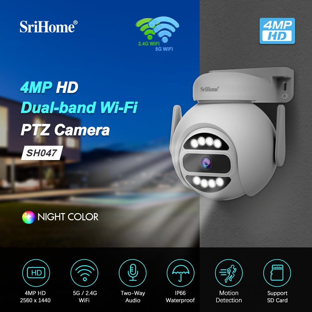 SRIHOME SH047 4MP dwuzakresowa sieć WiFi, kamera monitorująca PTZ, śledzenie ruchu, noktowizor, wodoodporny IP66, 2-drożny dźwięk, ochrona prywatności, do użytku wewnątrz/na zewnątrz