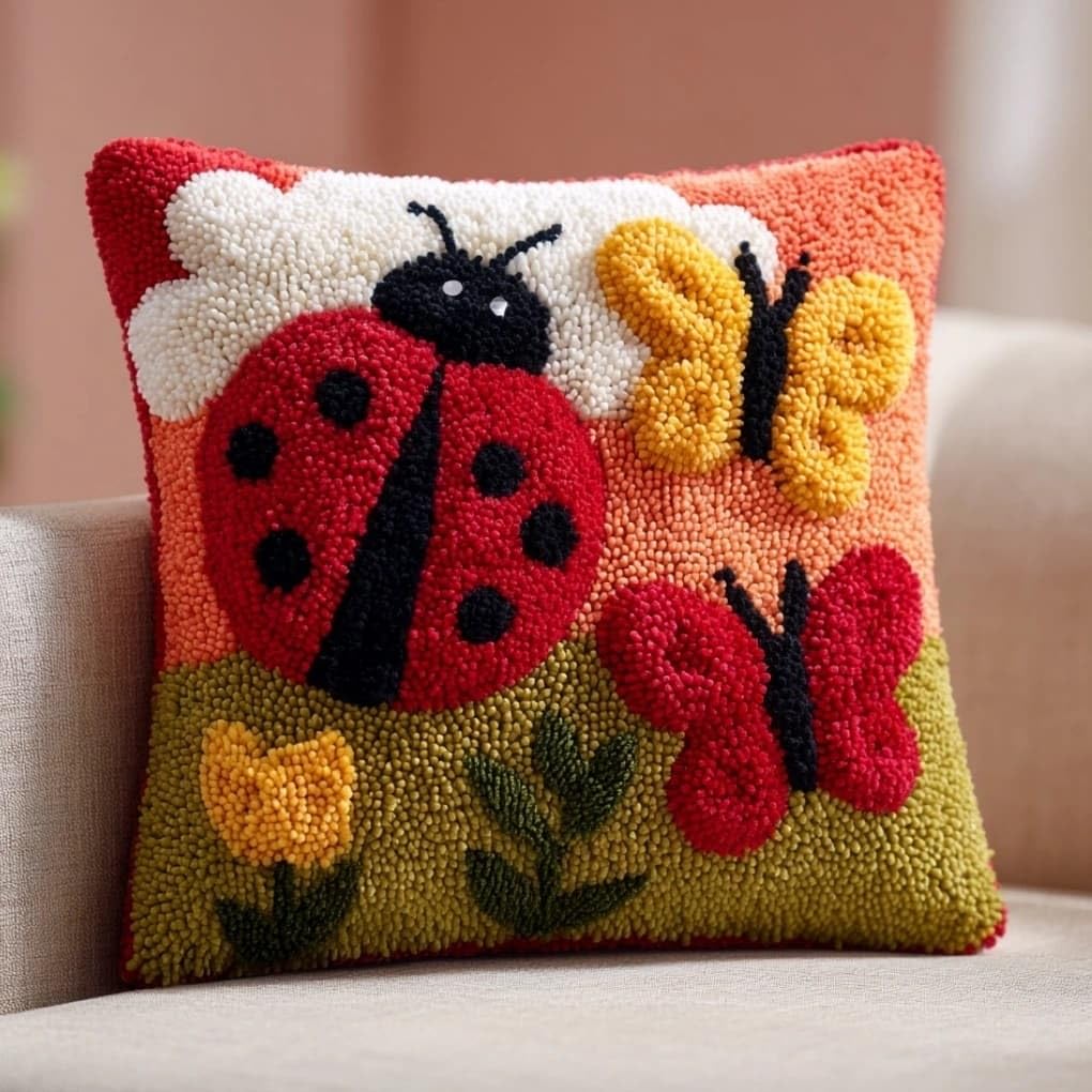 AxiangziK Latch Hook Cushion Kit,Ladybug DIY Throw Pillow Cover 43X43Cm