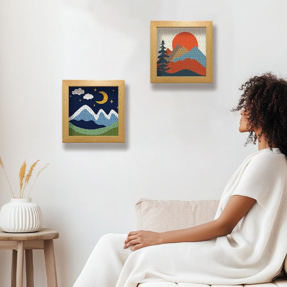 BEUNITONE 2 Sets Camping Punch Needle Kit for Beginners Scenery Theme Punch Embroidery Kits with Frame Instructions Embroidery Starter Kits with Art Night Pattern for Wall Painting 9.4'' x 9.4''