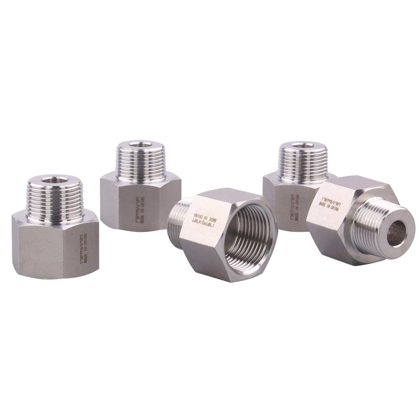 Forged Reducer Adapter Fitting - Stainless Steel 304 Reducing Pipe Connector, 1" NPT Female x 3/4" NPT Male (pack of 5)