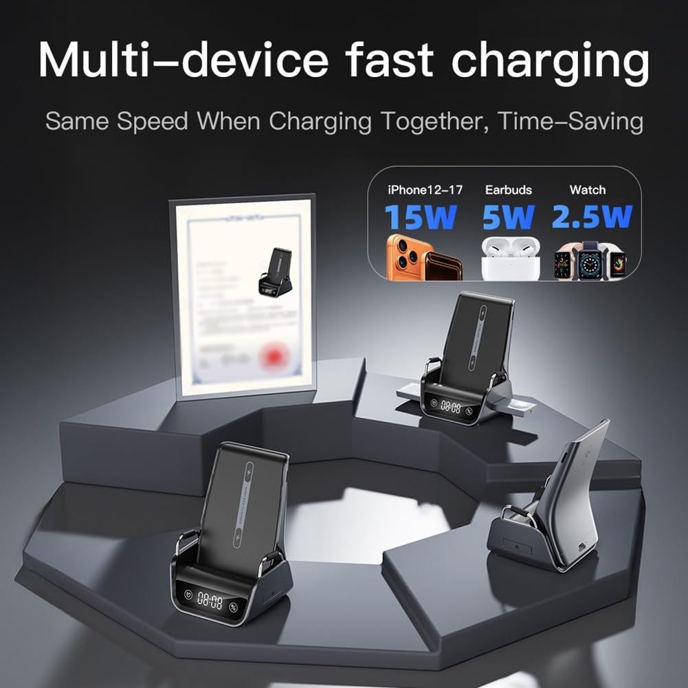 Caricatore Wireless 4-in-1 con 22.5W Caricatore Wireless 4-in-1 | Ricarca simultanea 4 dispositivi, display per ora integrato, uscita 22.5W, design compatto , ABS e lega di zinco