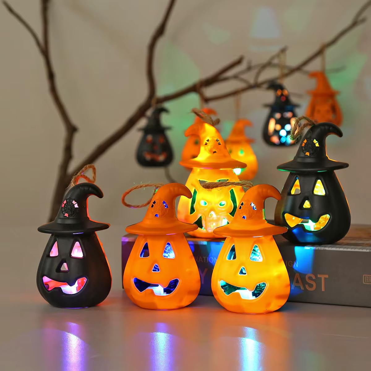 RD Halloween Pumpkin Lights Flameless Candles, Ghost Face LED Flickering Tealights Candle Fall Tabletop Spooky Candles Halloween Decoration Indoor (Pumpkin) 2PCS-image-21