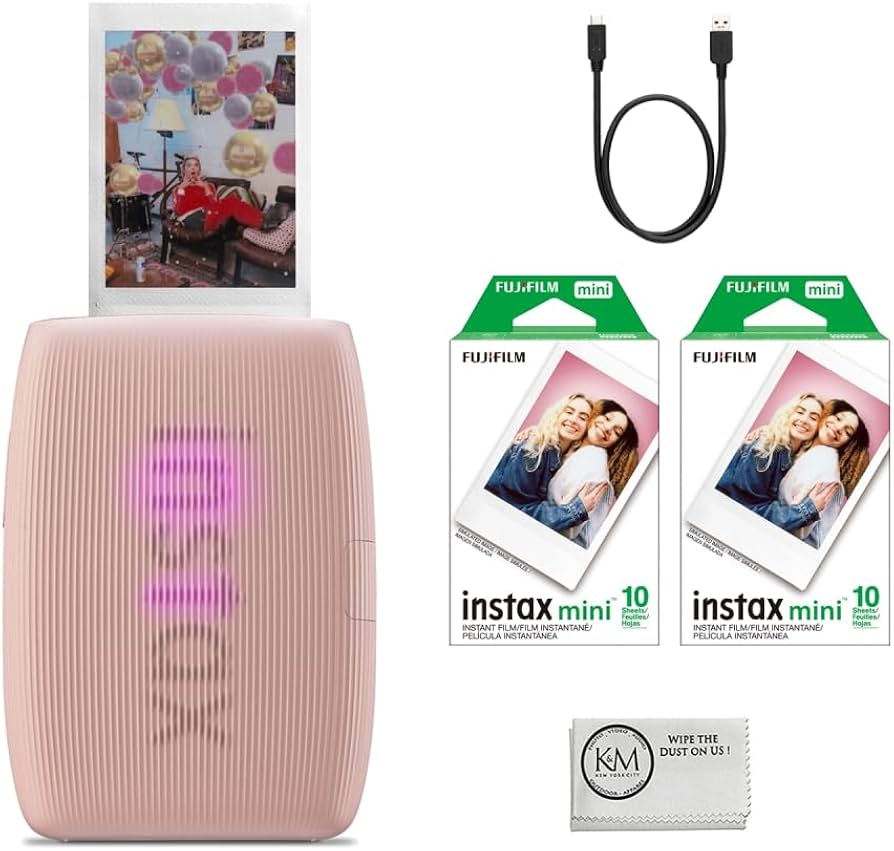Fujifilm INSTAX Mini Link 3 Smartphone Printer | Rose Pink Bundled INSTAX Mini Instant Film | 20 Exposures + Microfiber Cleaning Cloth (3 Items)