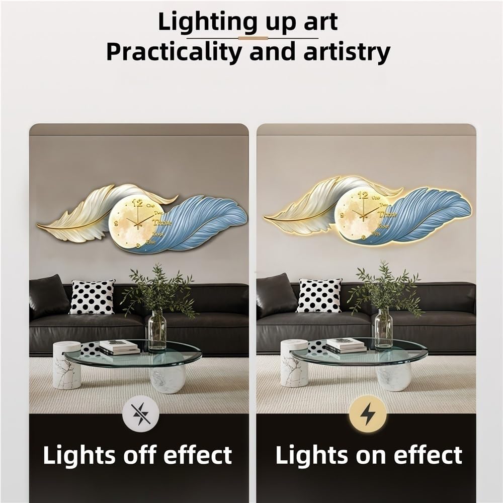 Orologio da Parete Luminoso 3D a Forma di Piuma - Decorazione murale retroilluminata a LED con Movimento Silenzioso, Design a Piuma in Ceramica per Soggiorno/Camera da Le