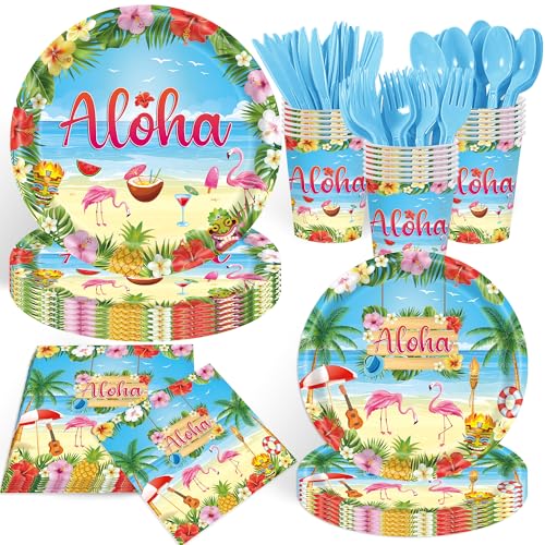 140pcs Luau Party Supplies Party Tableware for Aloha Hawaiian Party Decorations Dinnerware Set Serves 20 + Guests for BBQs & Summer party
