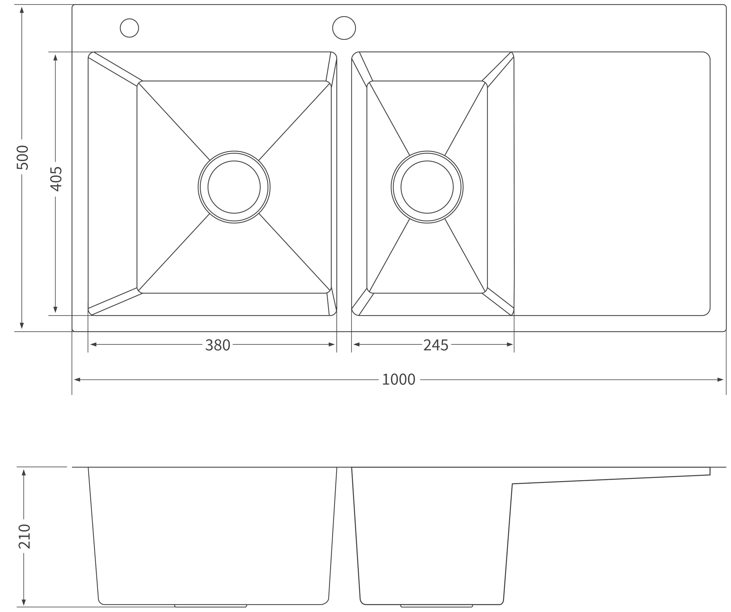 100 x 50 x 21 cm - Évier de cuisine - En acier inoxydable 304 - Épaisseur : 0,8 mm - Évier encastrable - Carré - 2 bacs, trop-plein, égouttoir - Noir