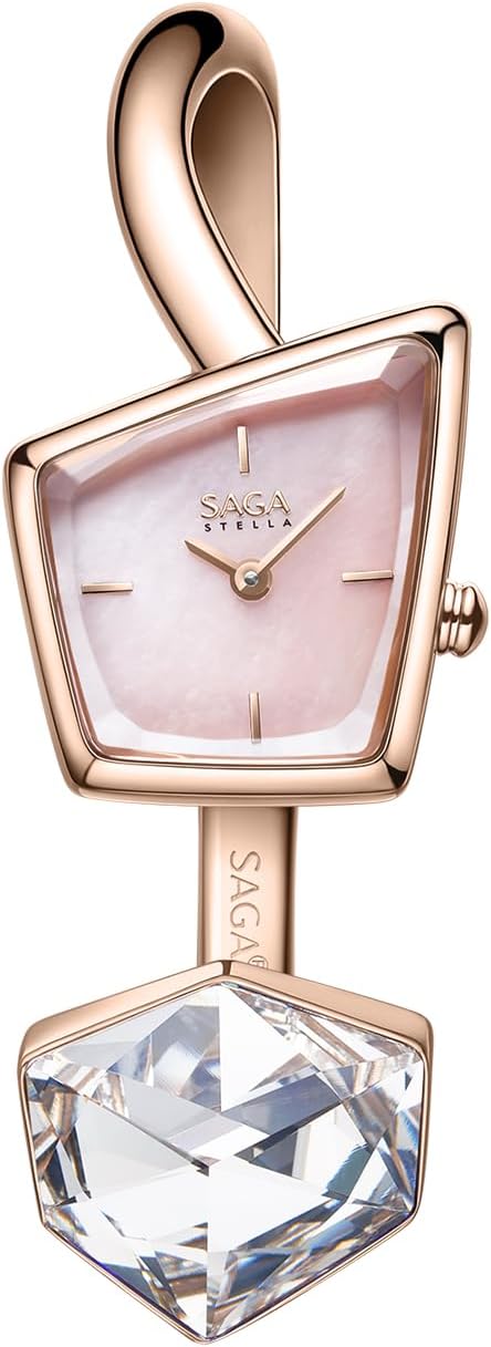 SAGA Illusion Women's Luxury Cuff Bangle Quartz Watch, Shaped Mineral Case, Swiss Ronda Quartz Movement, 30M Water Resistant, 316L Stainless Steel Bracelet with Danube Crystals