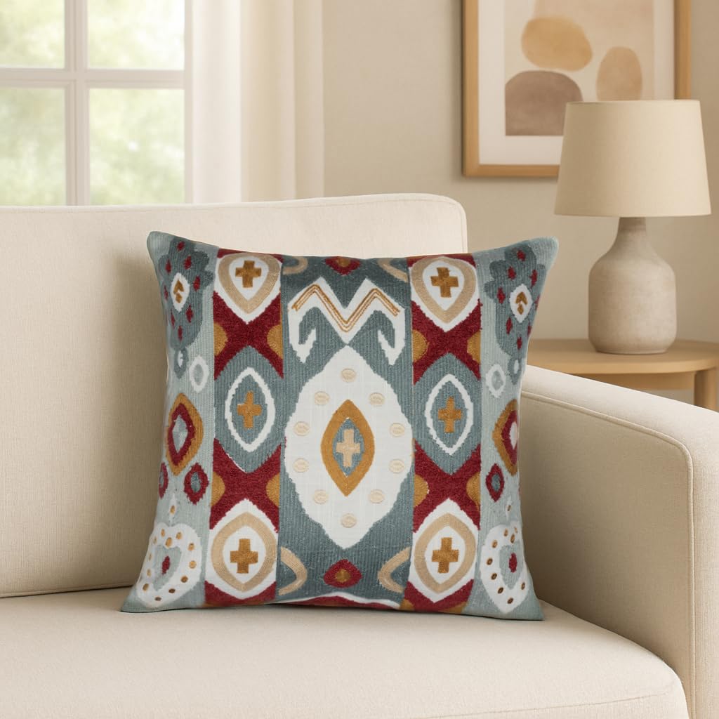 Wakefit Designer Cushion Cover | 16x16 inch | Heavy Embroidery | Premium Cotton Fabric on Front & Back | Pack of 1 | Abstract Aura