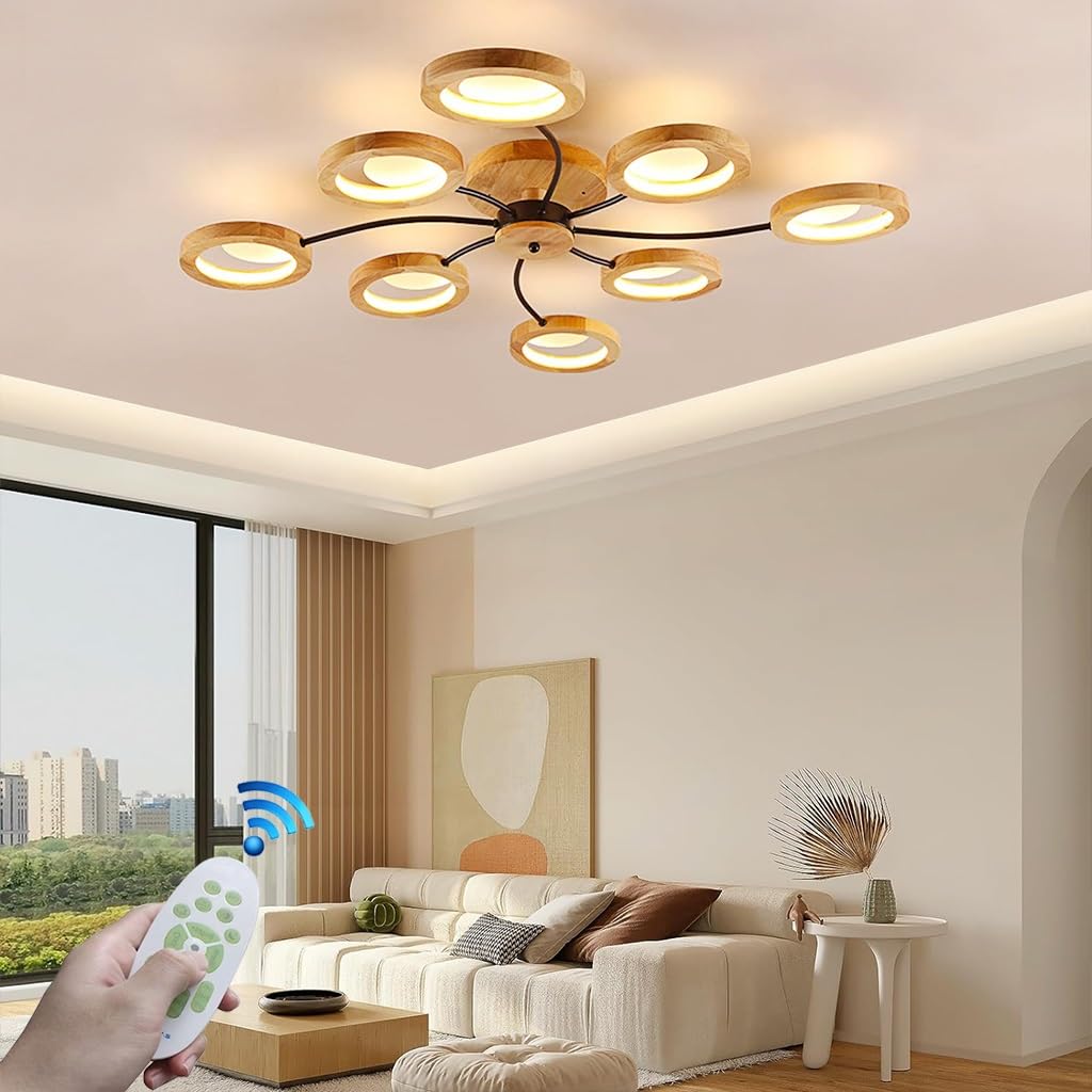 KXEcoLife Nordic LED Ceiling Light, Modern Wood Chandelier for Large Living Room & Restaurant, Creative Round Metal Fixture with Dimmable Remote Control, Stylish Home Decor